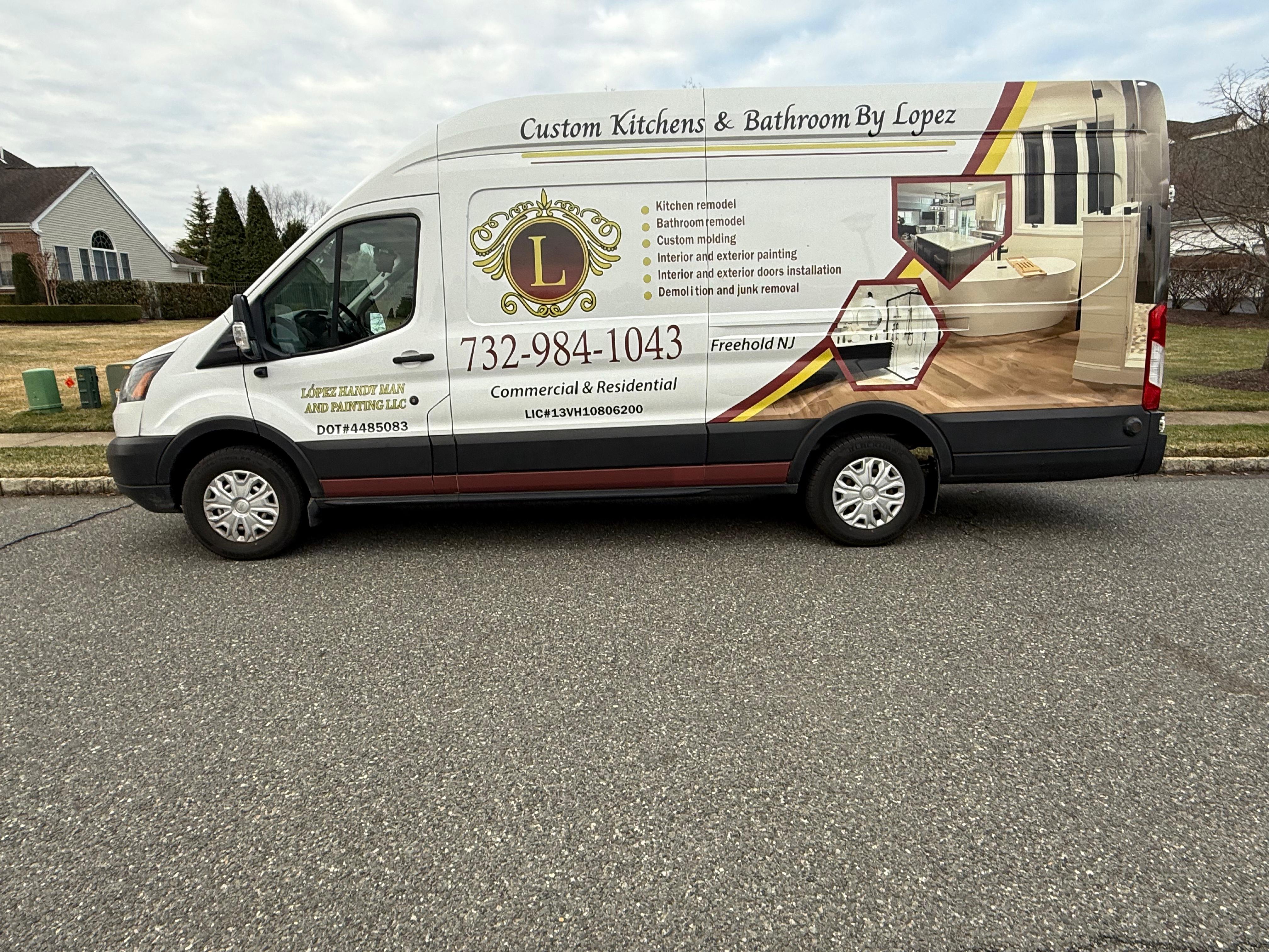 Custom Kitchens By Lopez branded van — driver side view showing company logo, services, and phone number