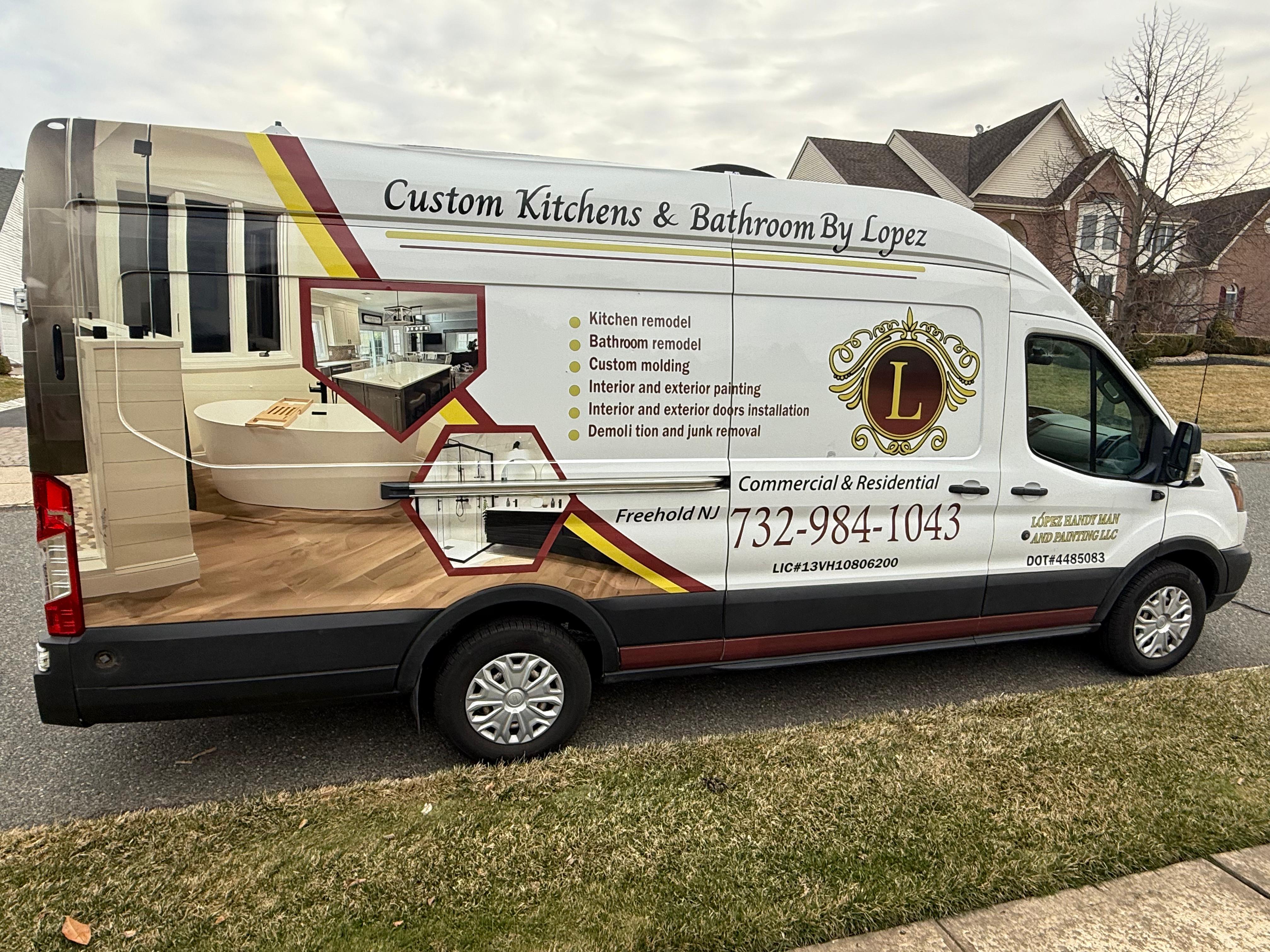 Custom Kitchens By Lopez branded van — passenger side view with service list and license information